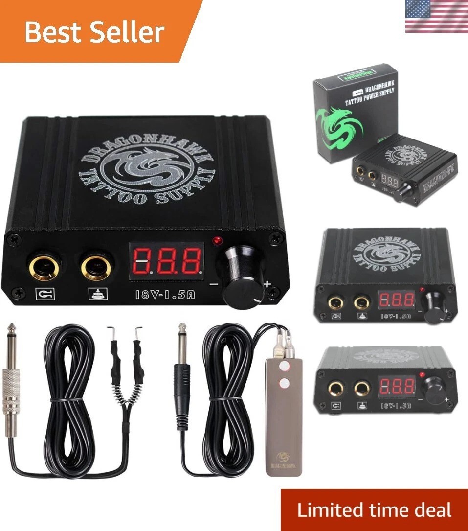 Compact Black Tattoo Power Supply for Rotary and Coil Machines - 12.52 x 4.02 in