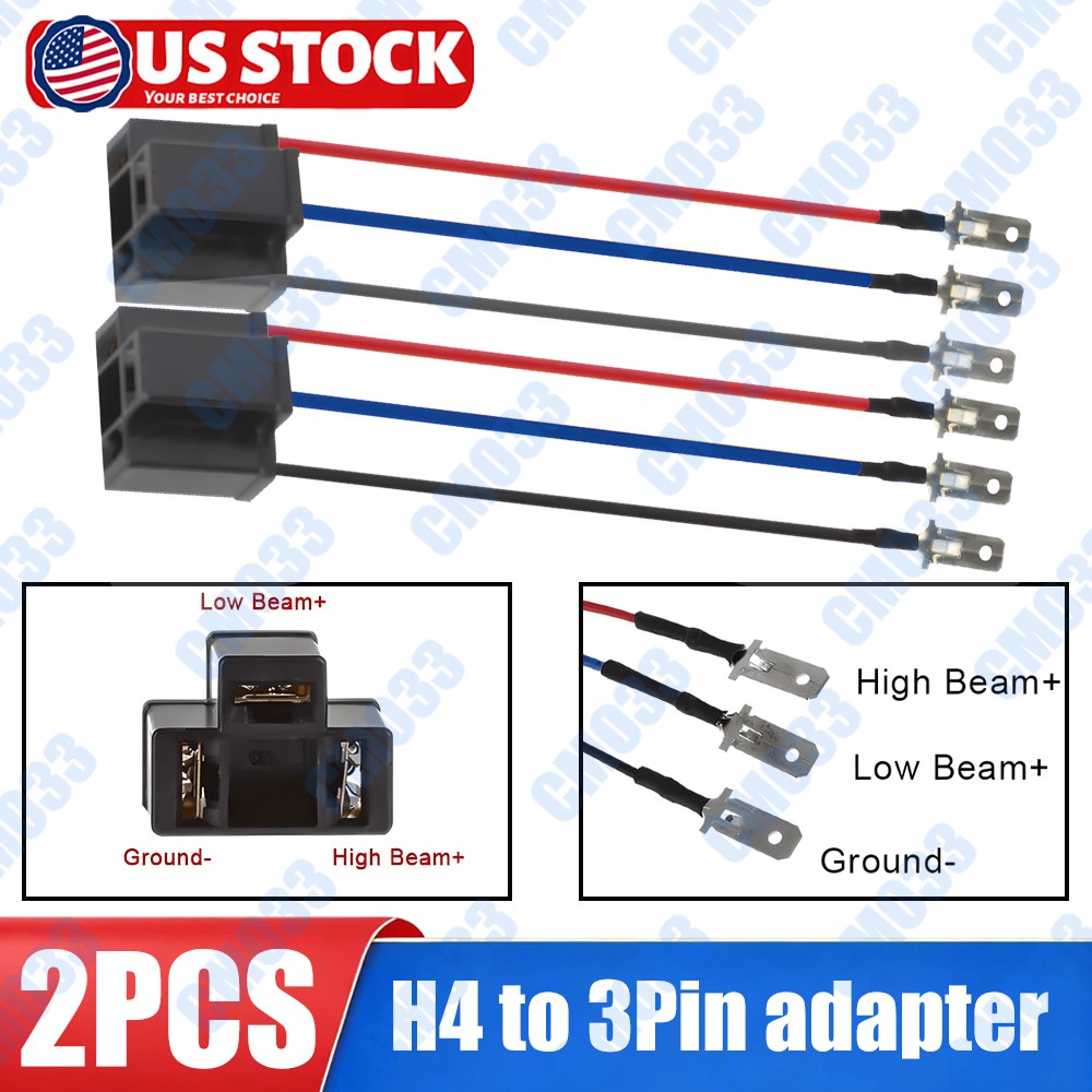 2PC H4 9003 to 3 PIN Socket Adapte Harness Wire for 5x7" 7x6" 4x6" Headlights