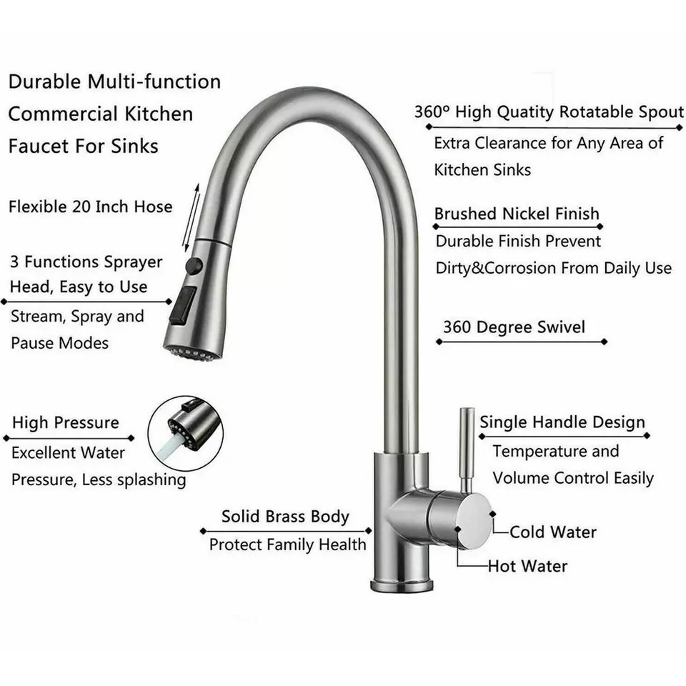 Single Handle Kitchen Sink Faucet Pull Down Spray High Arc Single Hole Mixer Tap