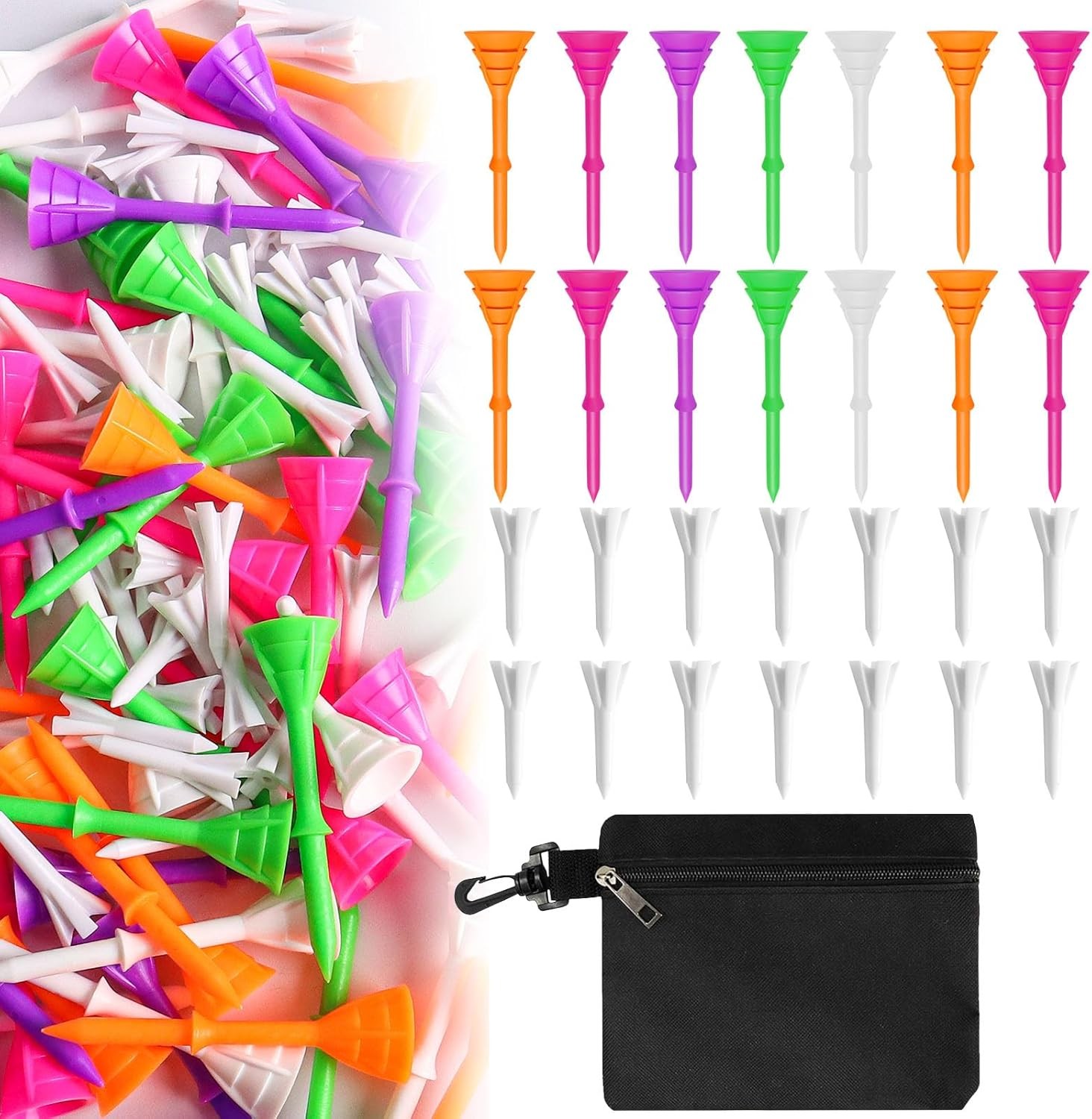 Golf Tees Plastic 30 Tees 3 1/4 Inch and 20 More Short Tees 1 1/2 Inch with Bag