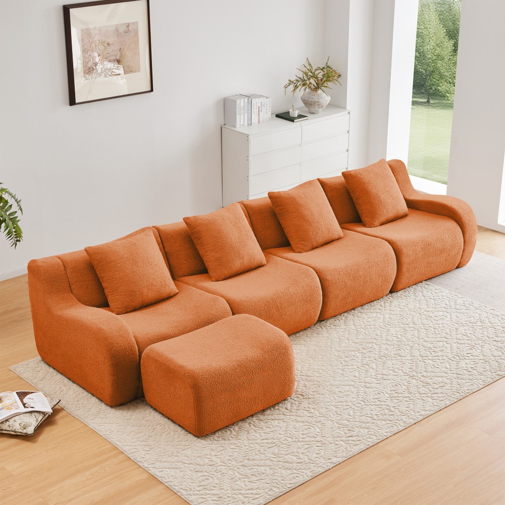 L-Shaped Teddy Fabric 4-Seat Sofa w/ Curved Armrest & Anti-Slip Design, Orange