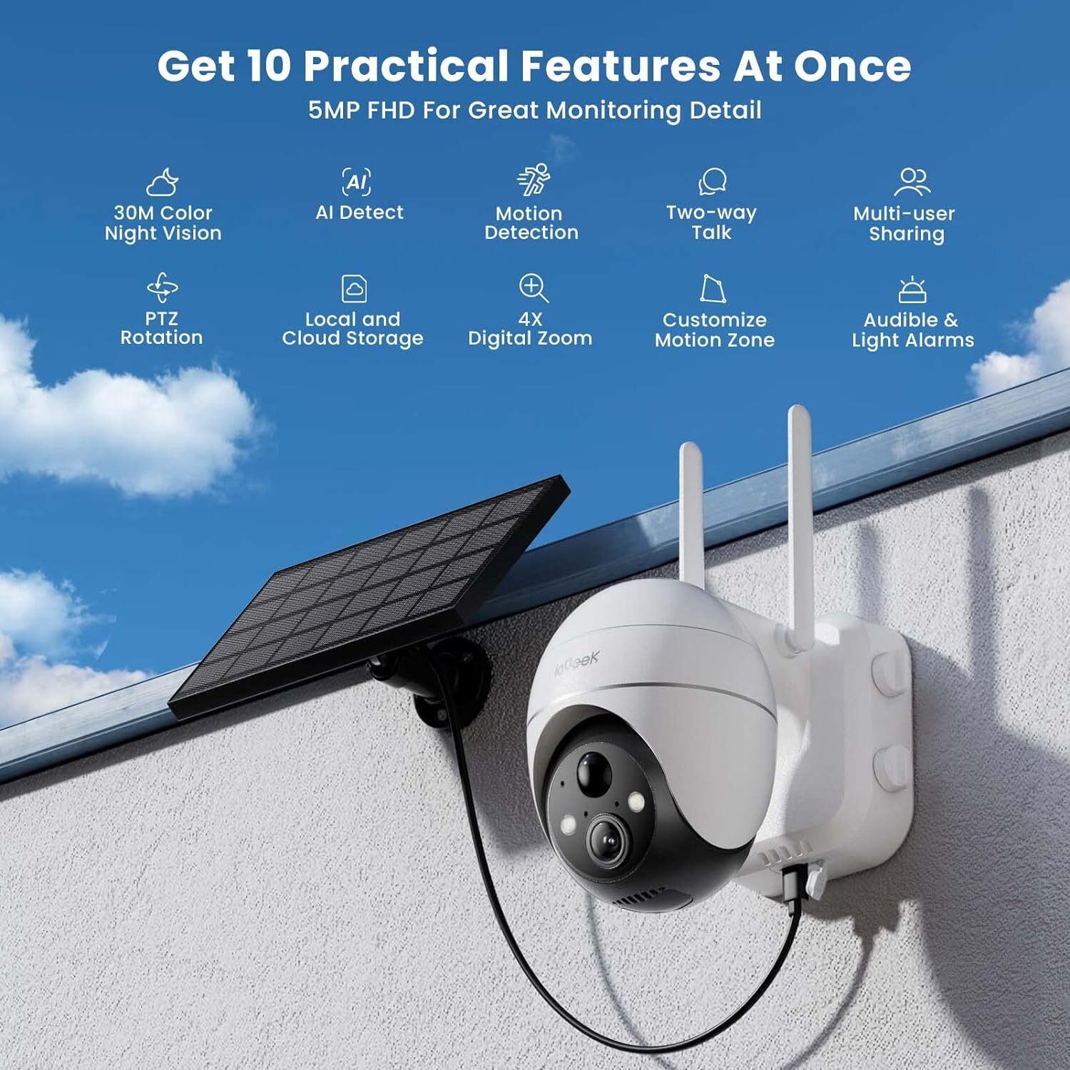 ieGeek 5MP WiFi Wireless Outdoor Solar Powered Security Camera Waterproof IP65