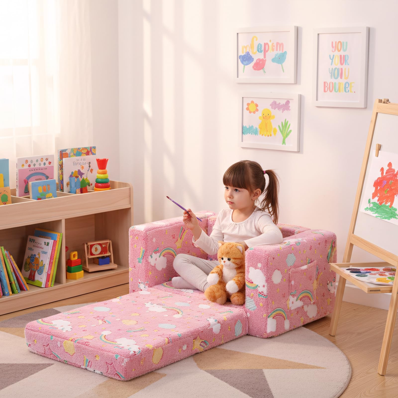 Kids Sofa Toddler Chair, Children Couch with Side Pockets 2 in 1 Glow in Dark...
