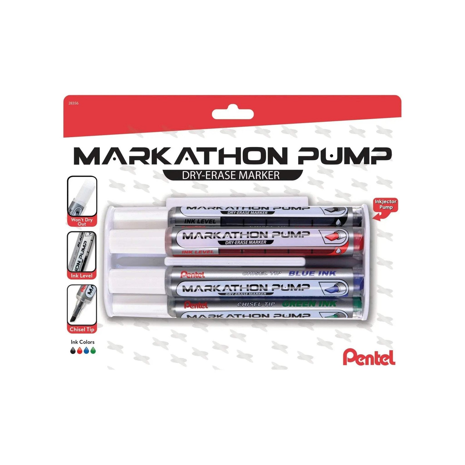 Pentel Markathon Pump Dry-Erase Marker, Assorted Ink, Eraser Caddy, 4-pk