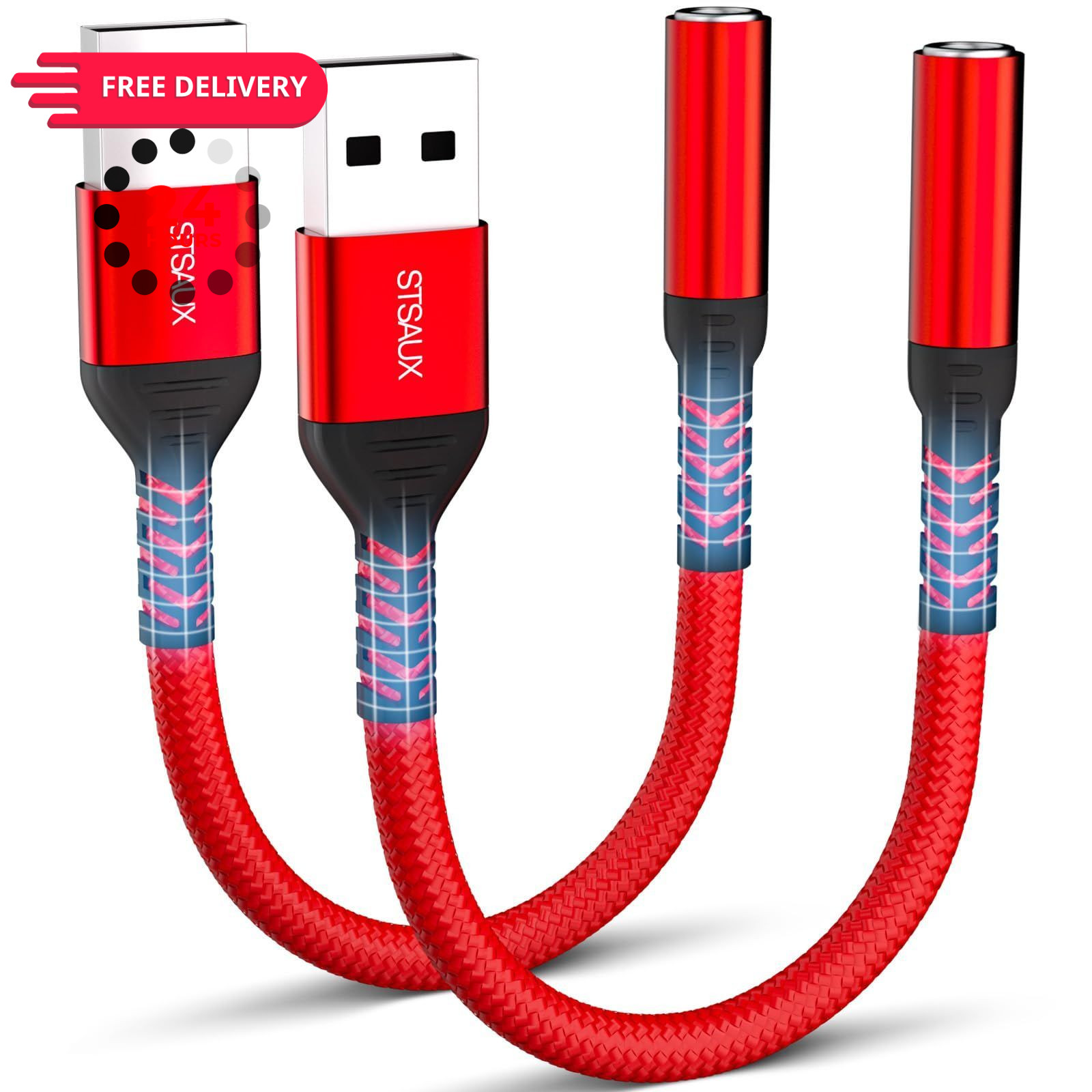 USB to 3.5mm Jack Audio Adapter (2-Pack), External Sound Card Standard, red