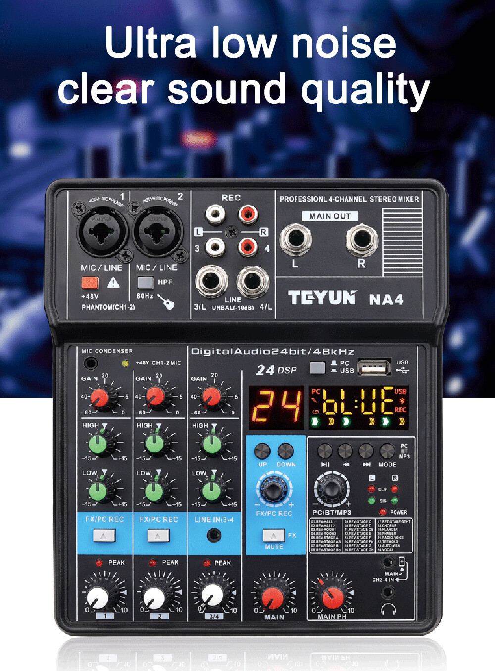 4/2 Channel Mini Audio Mixer Bluetooth USB DJ Console + Sound Card Studio Mixer