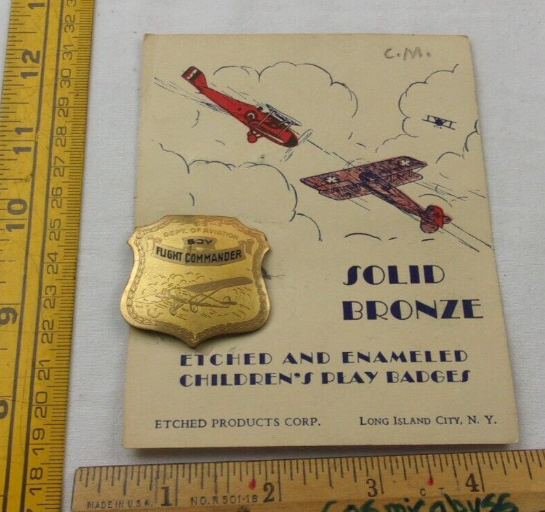 Boy Flight Commander Dept of Aviation brass badge Etched Products 1930s card b