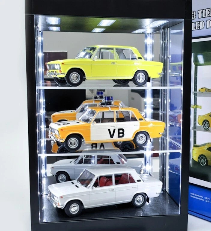 Car Display Case Acrylic LED Light 3 Tier Adjust Model 1/18 Diecast 1/24 Cabinet