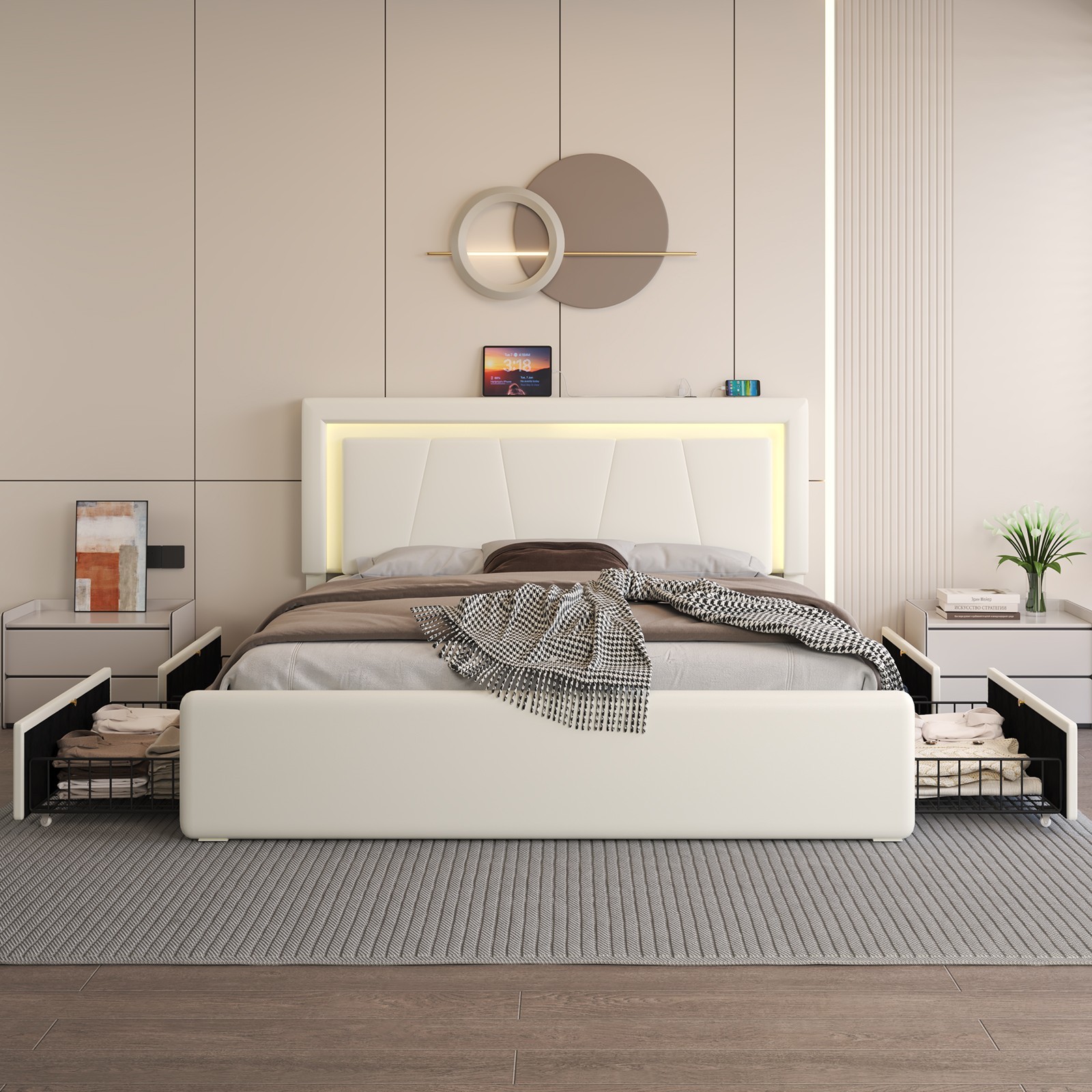 E-MOTIE Upholstered Bed Frame with 4 Storage Drawers & Adjustable Headboard