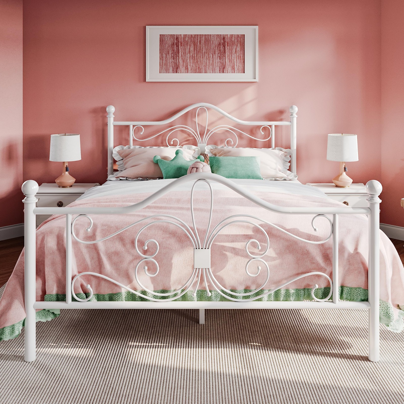 Queen Size Metal Bed Frame White Butterfly Pattern No Box Spring Needed