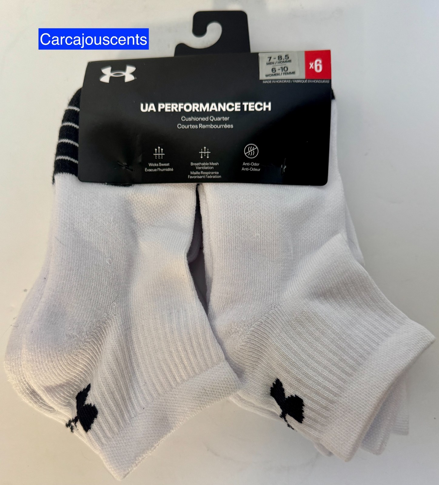 Under Armour Performance Quarter Socks White Size Men's 7-8.5 Women's 6-10