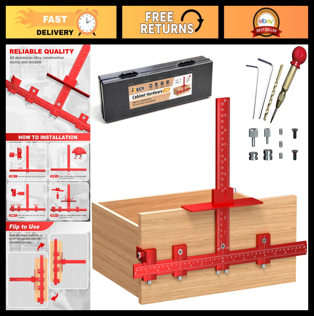 Adjustable Cabinet Hardware Jig Tool - All-Aluminum, Automatic Center Punch for
