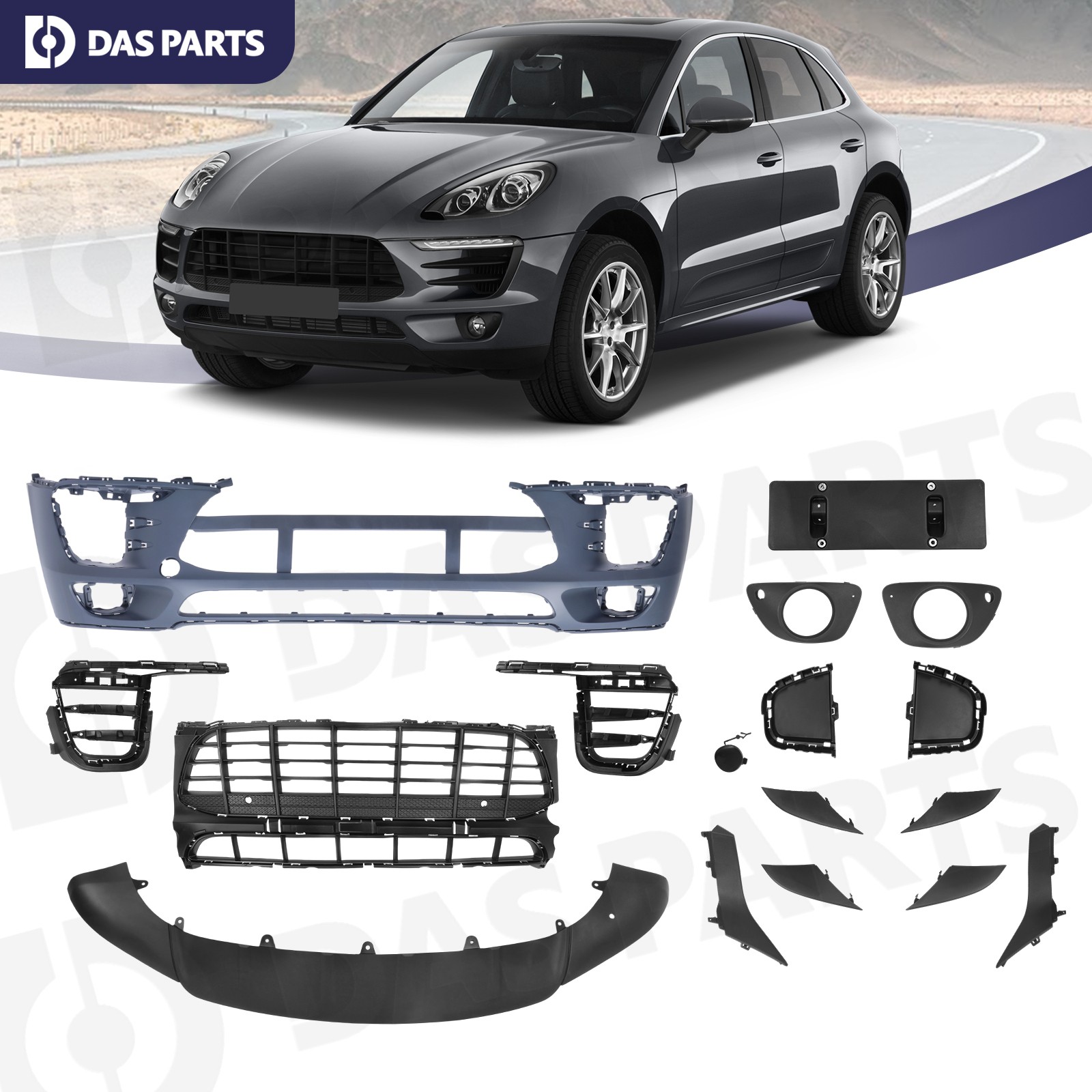 Full Front Bumper Grille Valance Fog Light Cover Set For 2015-2018 Porsche Macan