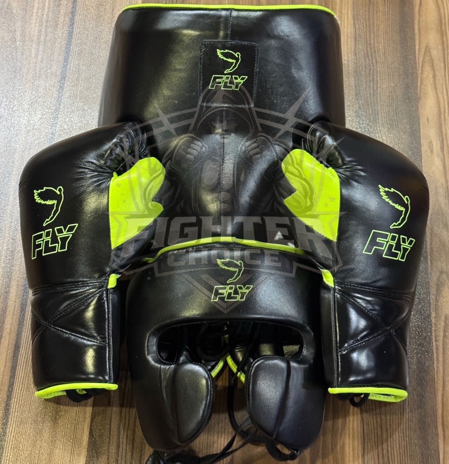 Custom Made Fly Boxing Set Black & Neongreen Cowhide Leather Sparring & Training
