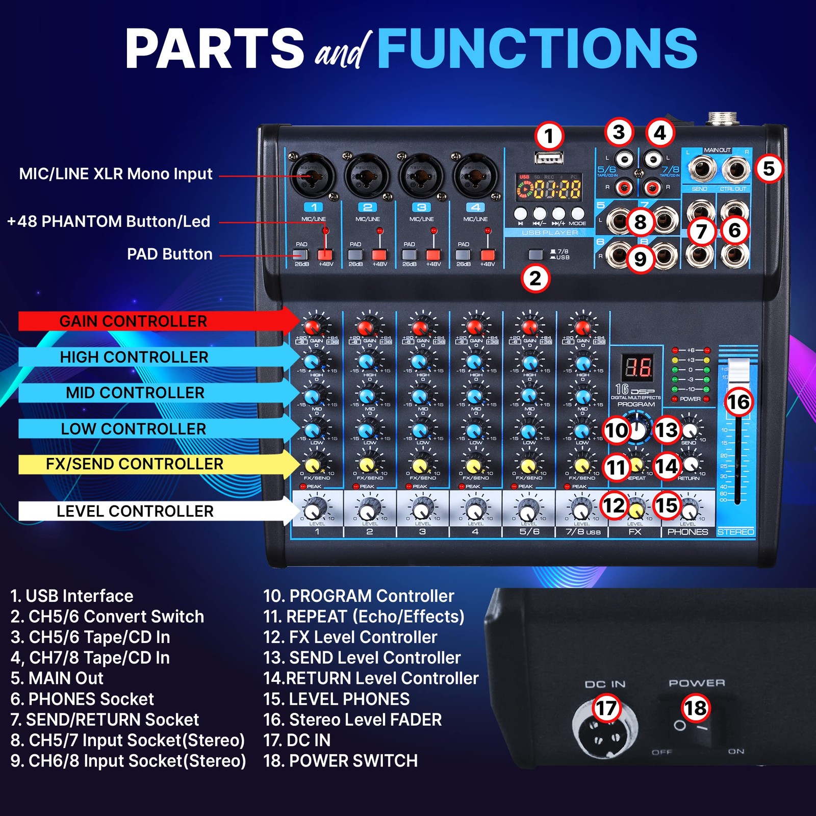 Pyle 8 Channel Bluetooth Studio Mixer - USB Computer Recording, 8, Black