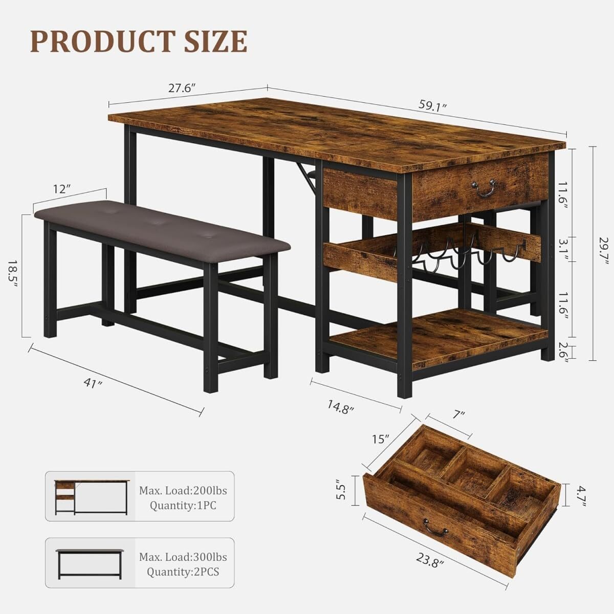Kitchen Dining Table Upholstered Benches Set w/Storage Drawers & Wine Rack for 4