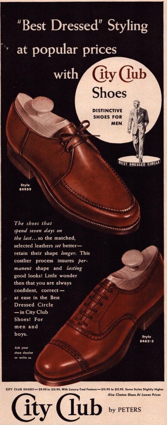 1949 City Club Mens Leather Shoes Vintage Print Ad Peters Best Dressed Styling