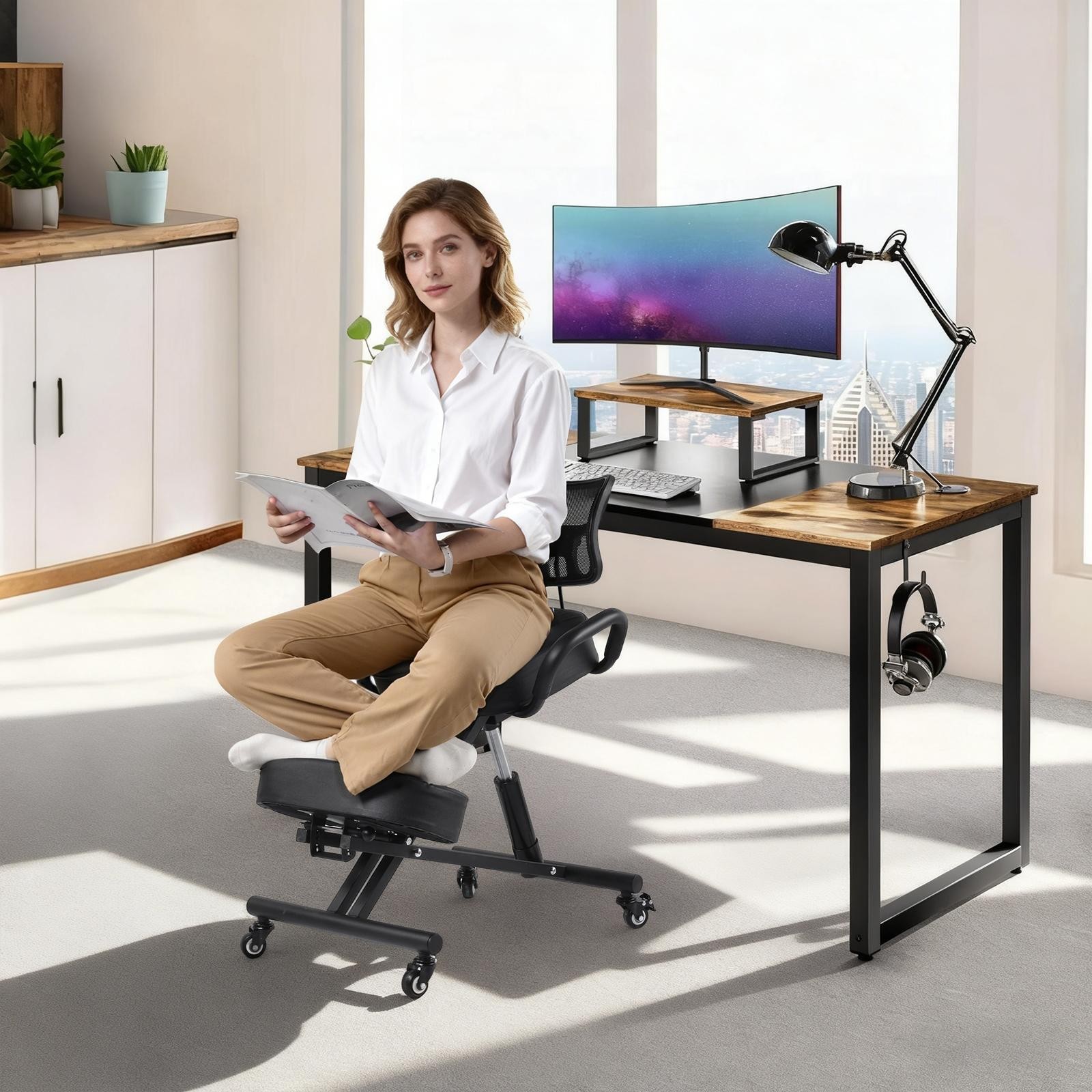 Ergonomic Kneeling Chair with Backrest and Wheels, X-Shaped Design