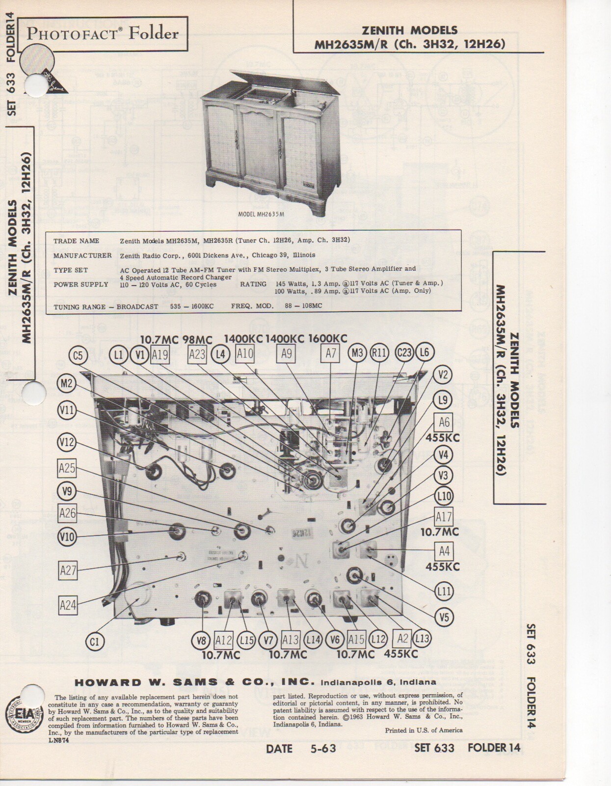 1963 ZENITH MH2635M RADIO SERVICE MANUAL PHOTOFACT SCHEMATIC AMP MH2635R REPAIR