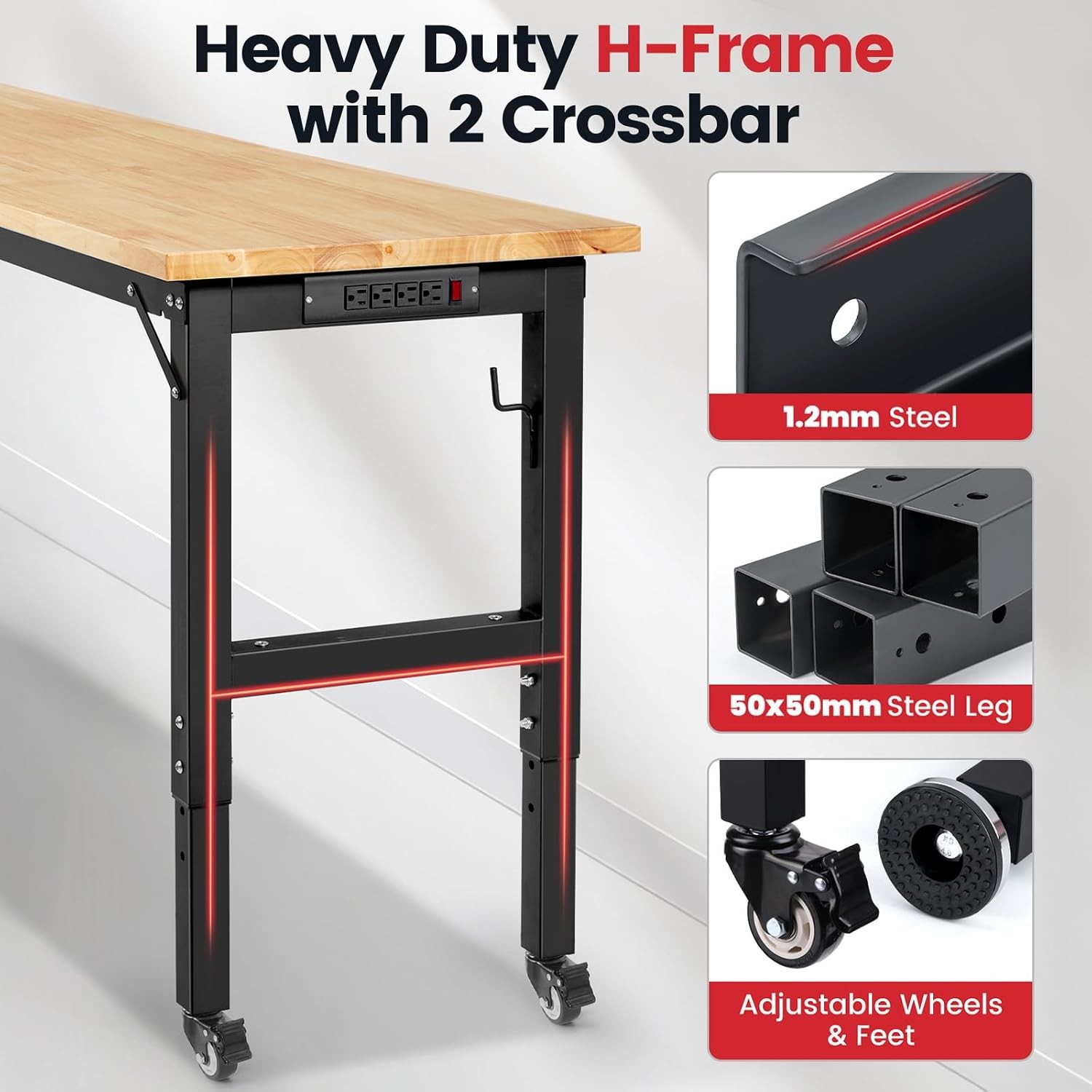 60" x 22" Workbench with Wheels Adjustable Height Work Table with Rubberwood