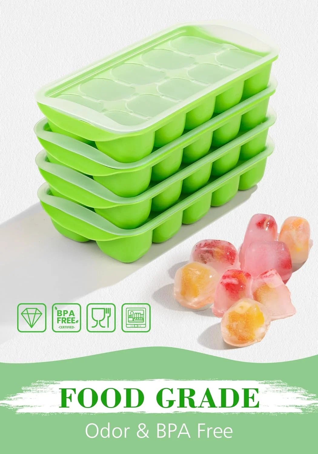 DOQAUS Ice Cube Tray with Lid and Bin - 4 Pack Ice Bucket Kits, Stackable Silico