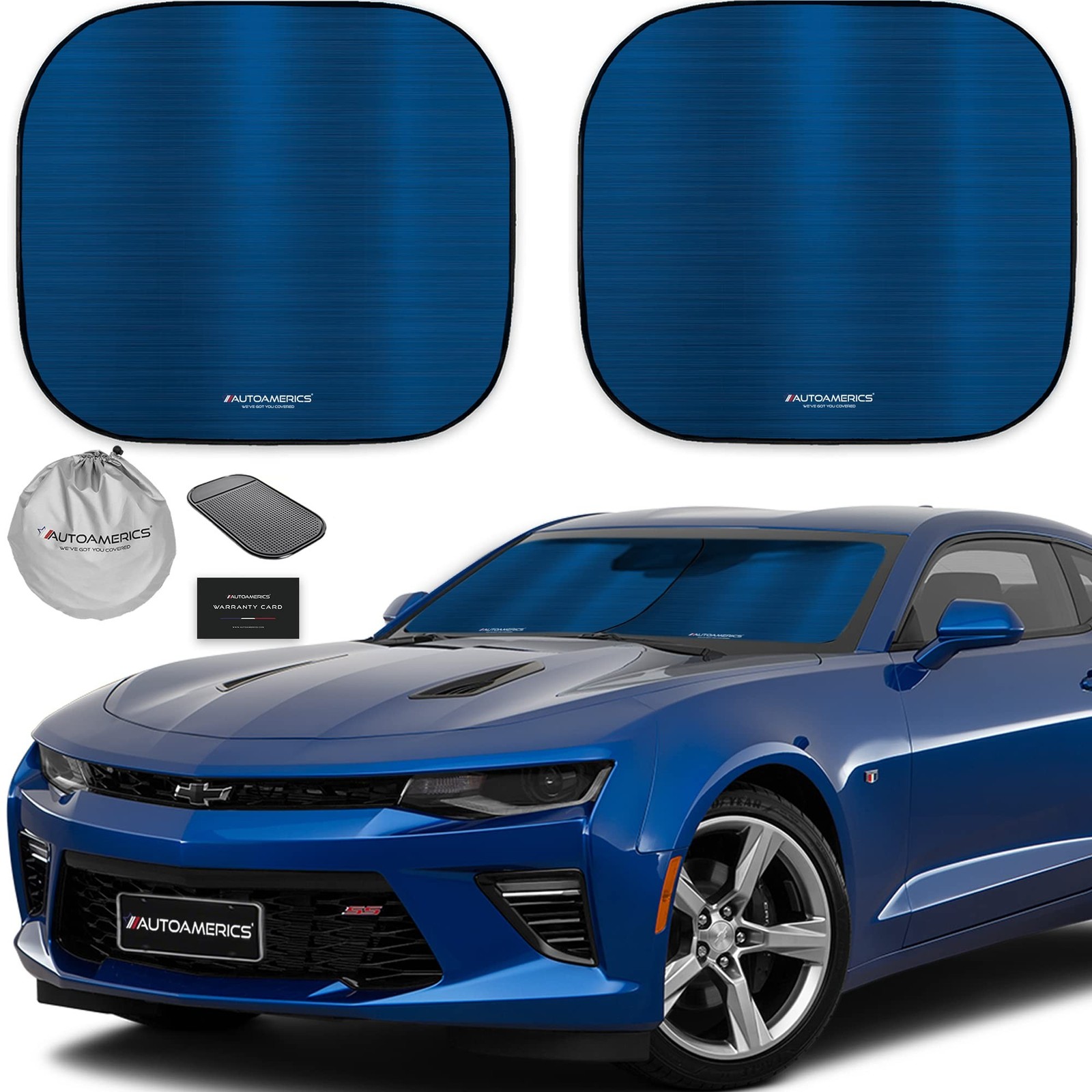 Autoamerics 2-Piece Windshield Sun Shade - Metallic Blue Foldable Car Front W...