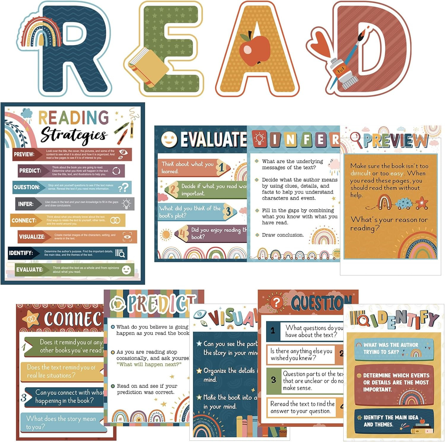 13 Pcs Boho Reading Posters for Classroom Decorations Reading Strategies Bulleti