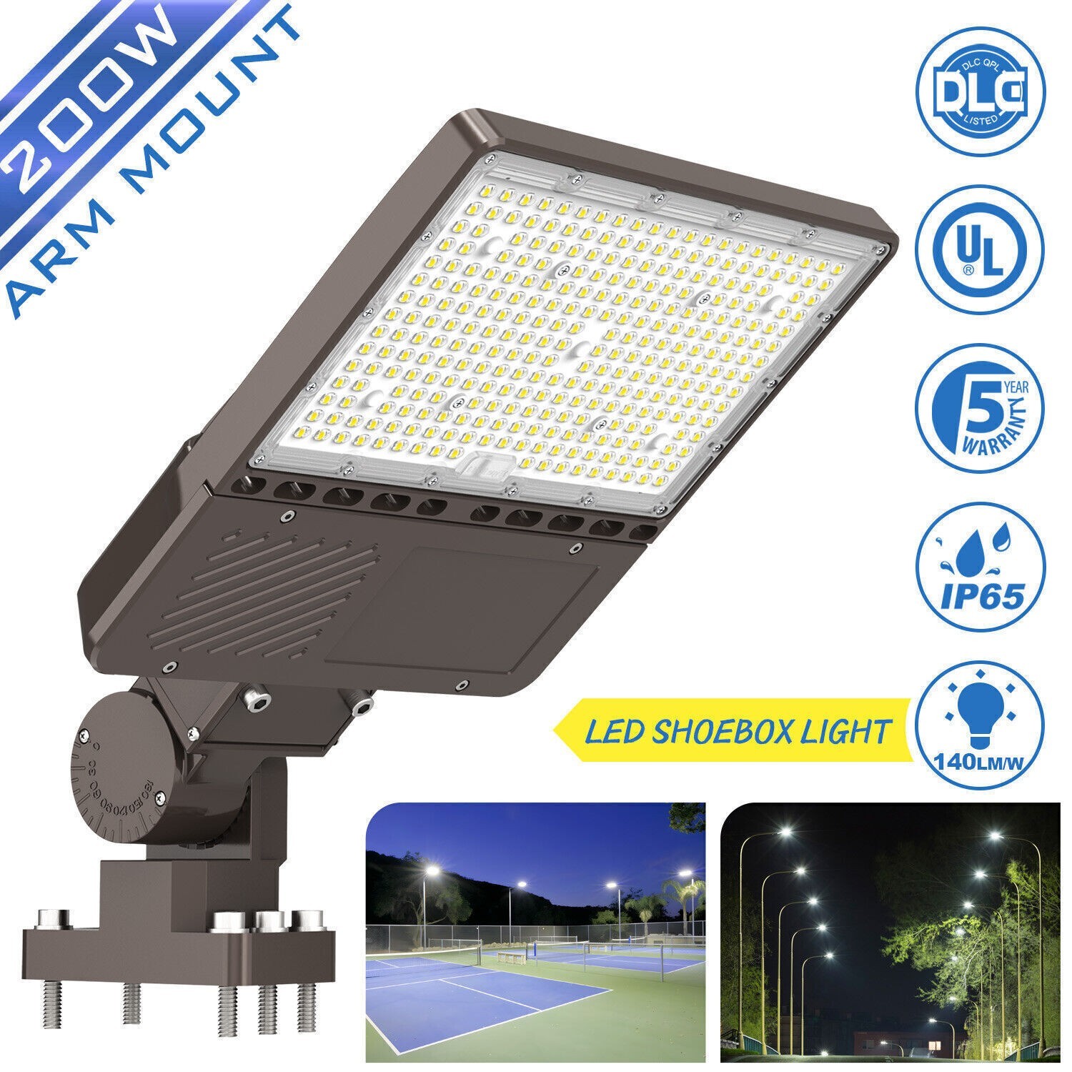 200W LED Shoebox Parking Lot light Fixture Dusk to Dawn Photocell 5000K DLC.
