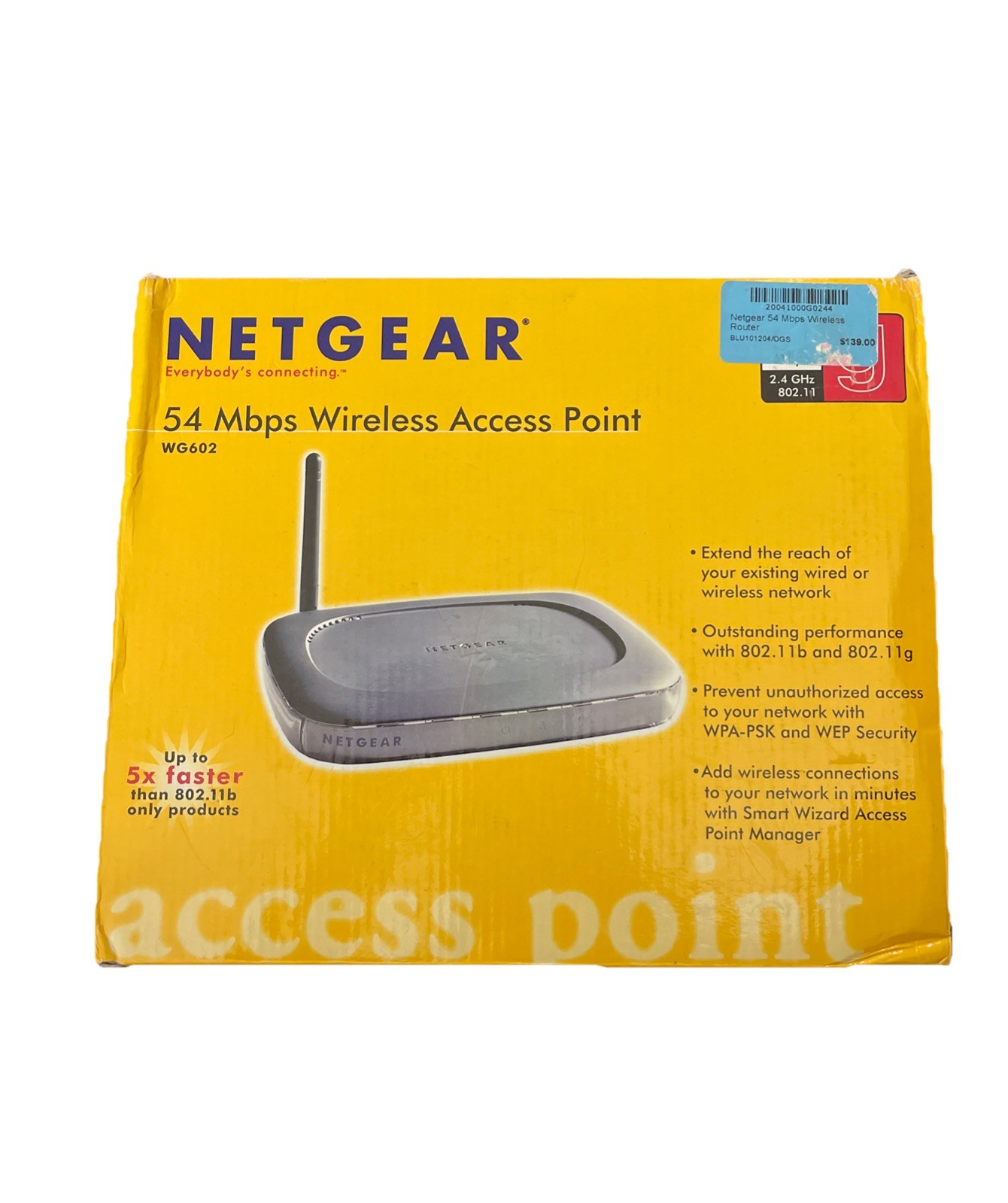 NETGEAR WG602 V2. Wireless Access Point 54 Mbps Wi-Fi 802.11b &802.11g.  Silver
