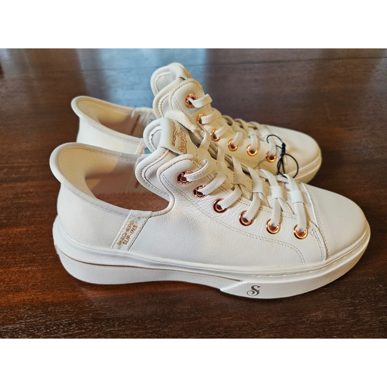 Skechers Snoop Dogg Slip-Ins Womens Sz 7 White Rose Gold Leather Sneakers 186001