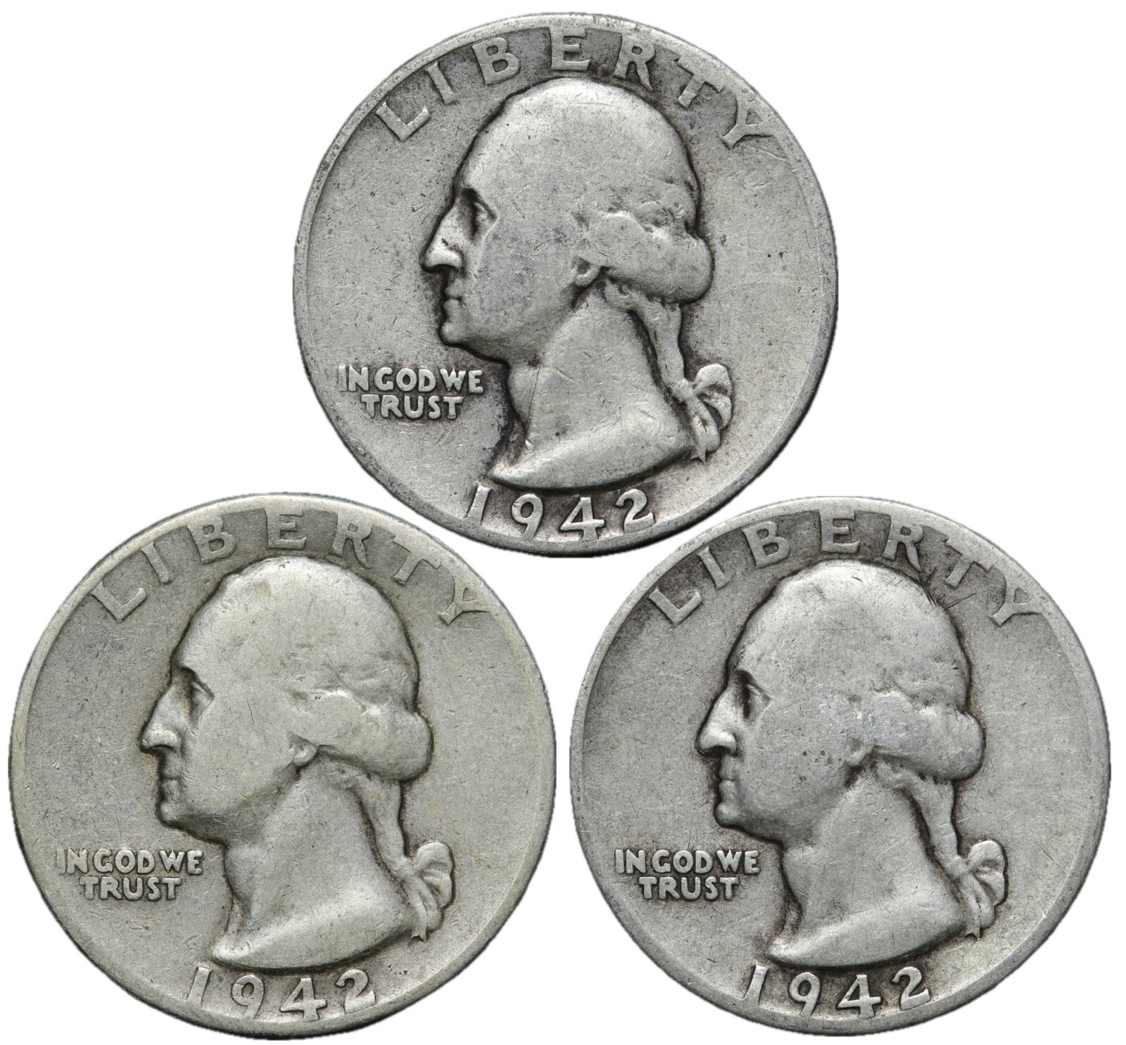 1942 & 1942-D 1942-S Washington SILVER Quarter 3 Coin Set! Nice Group!
