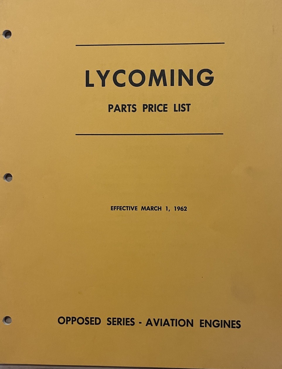1962 Lycoming Opposed Series Aviation Engines Parts List Catalog