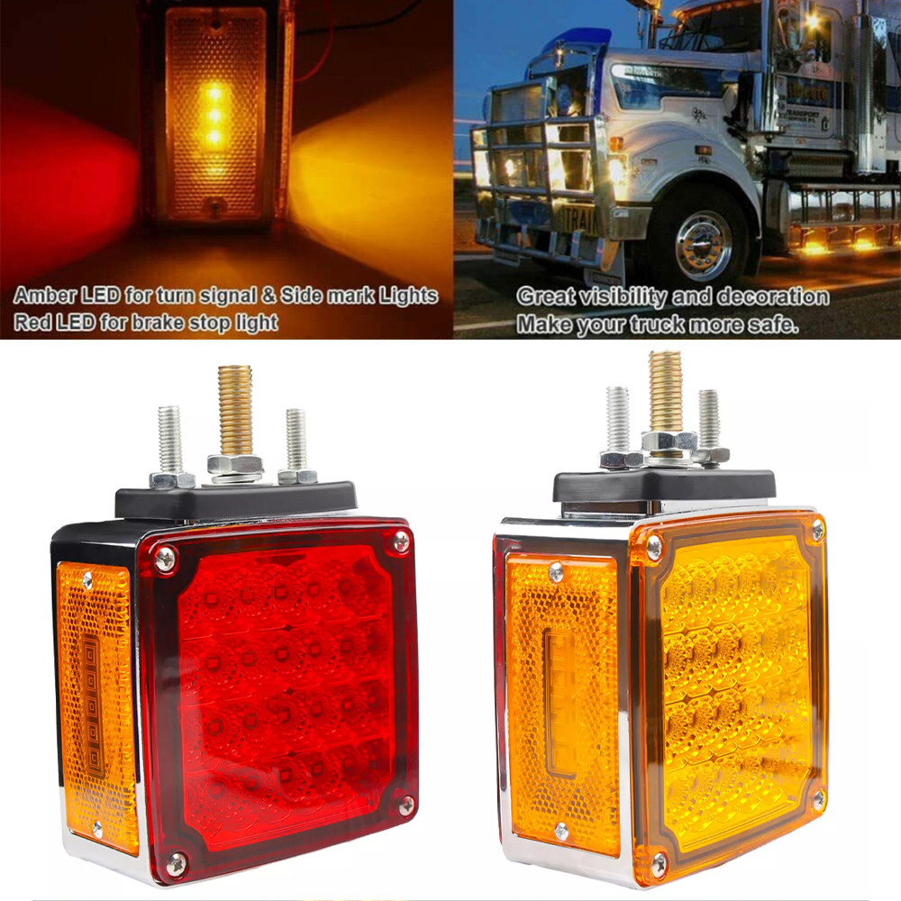Pair Double Face Square Red/Amber 60 LED Truck Fender Pedestal Turn Signal Light