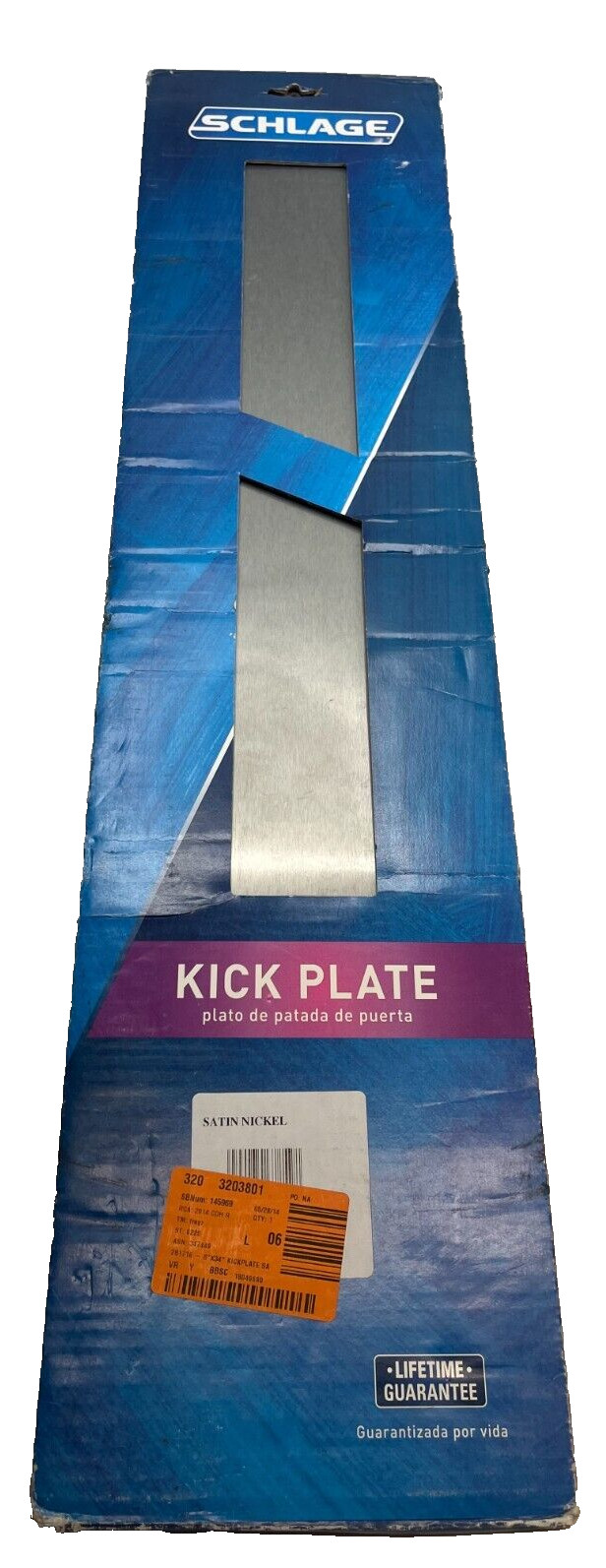 NEW OLD STOCK SCHLAGE 8" X 34" ALUMINUM KICK PLATE SATIN NICKEL FINISH