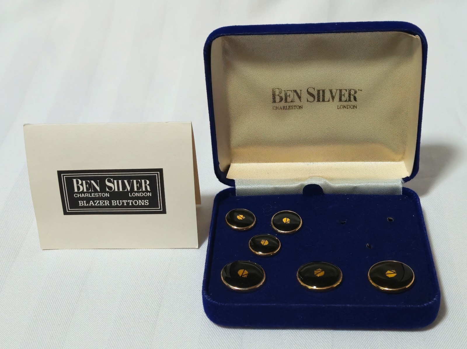 BEN SILVER 6 BLACK & GOLD W/ SHEILD BLAZER BUTTONS PARTIAL SET NEW IN BOX + CARD