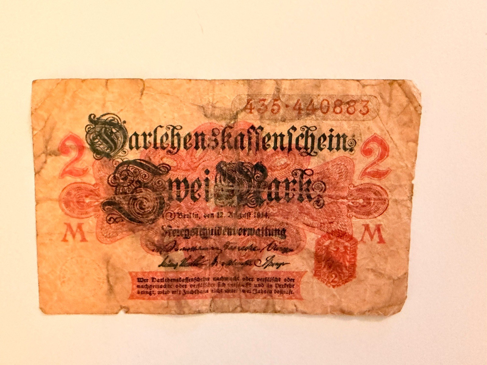 WW1 German 2 Mark Banknote Germany 1914 WWI Currency Berlin Paper Money
