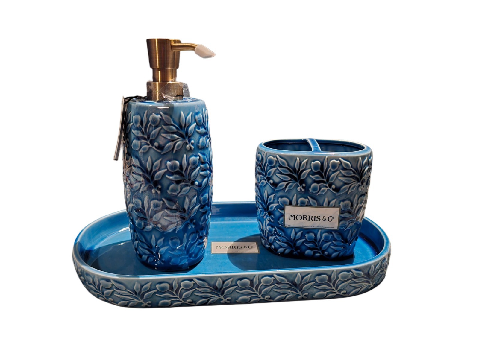 William Morris & Co Bathroom Vanity 3pc Ceramic Accessory Set Blue Floral - NWT