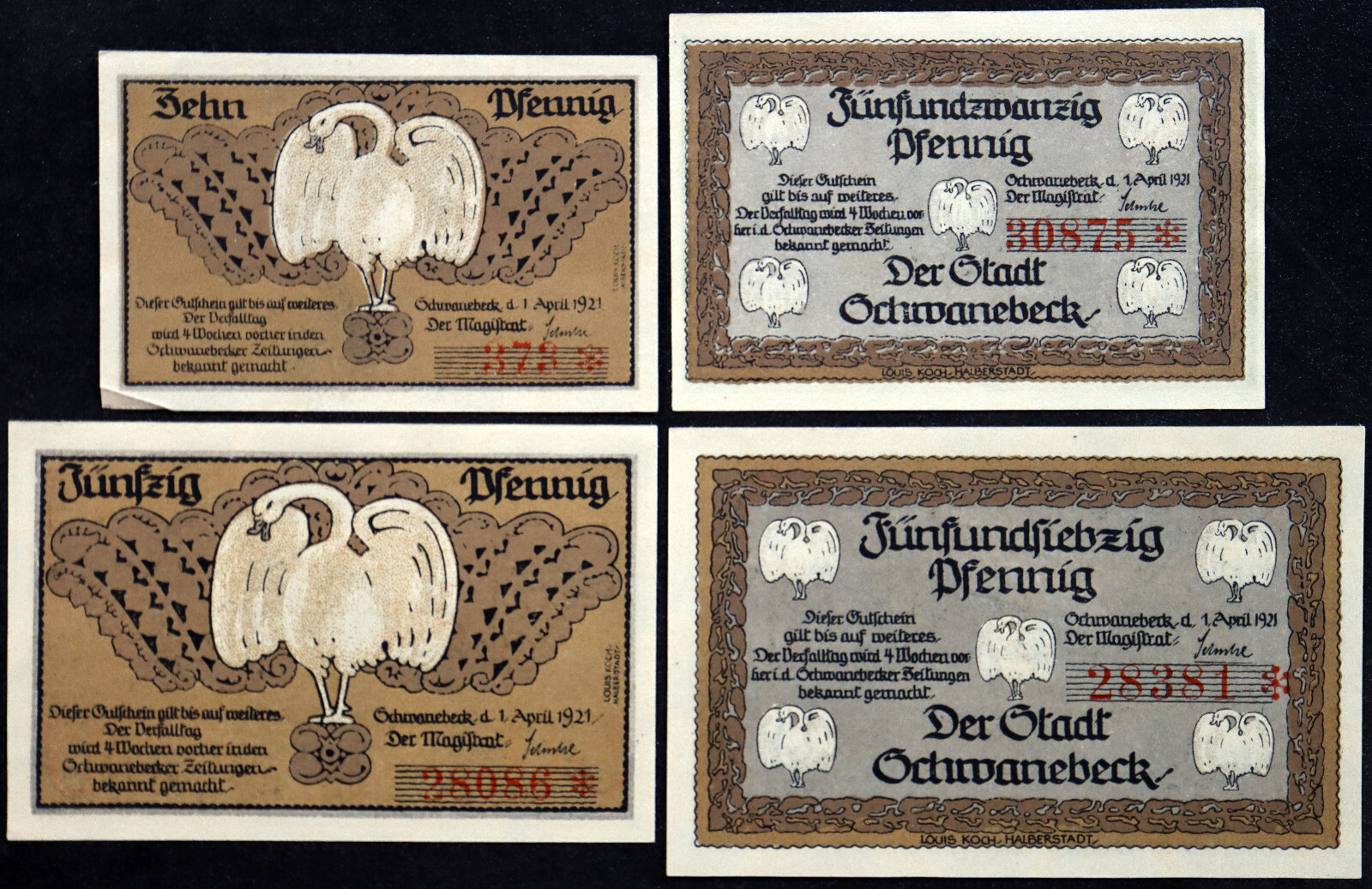 SCHWANEBECK 1921 "Swans" Complete Series German Notgeld 3-digit Radar Note