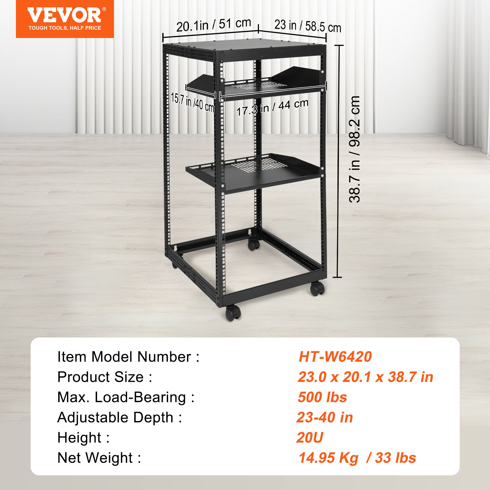 VEVOR 20U 4 Post Open Frame Server Rack Network Enclosure 23''-40'' Adjustable