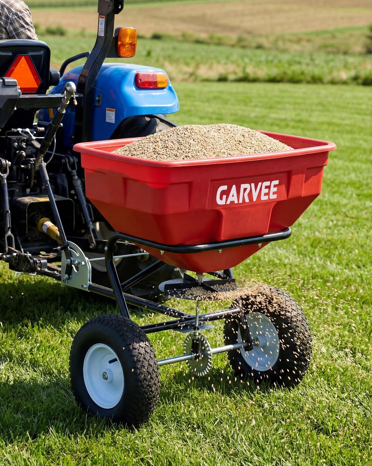Tow Behind Broadcast Spreader, 125LBS, Universal Hooks Tow/Push Garden Spreader