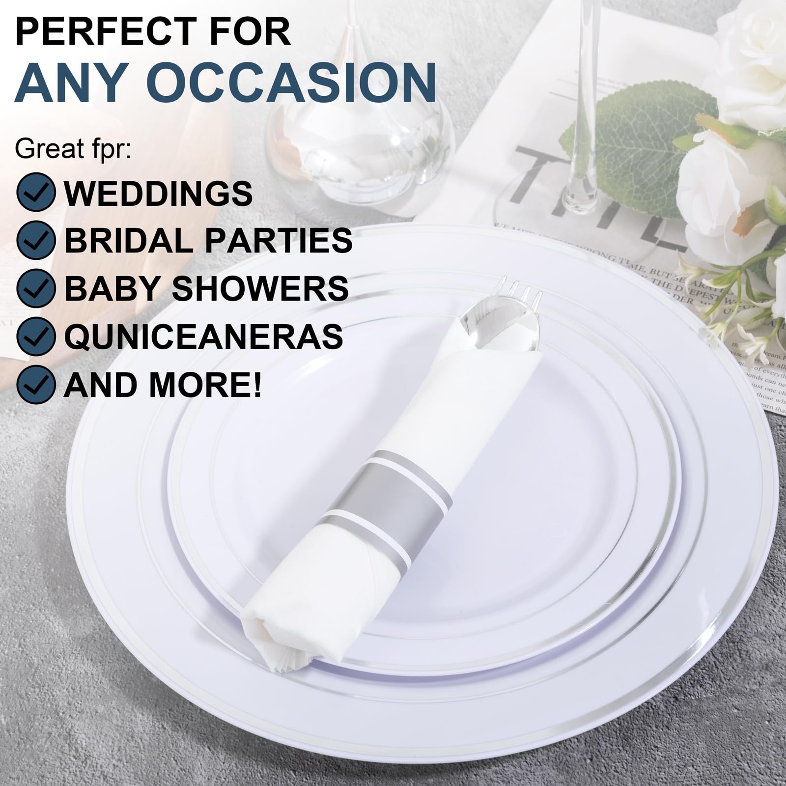 400PCS Pre Rolled Silver Plastic Silverware Sets - Heavy Duty Silver Cutlery ...