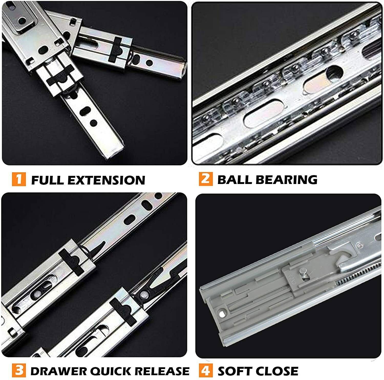10 Pair Full Extension 100lb Ball Bearing Drawer Slides Soft/Self Close 10"-24"