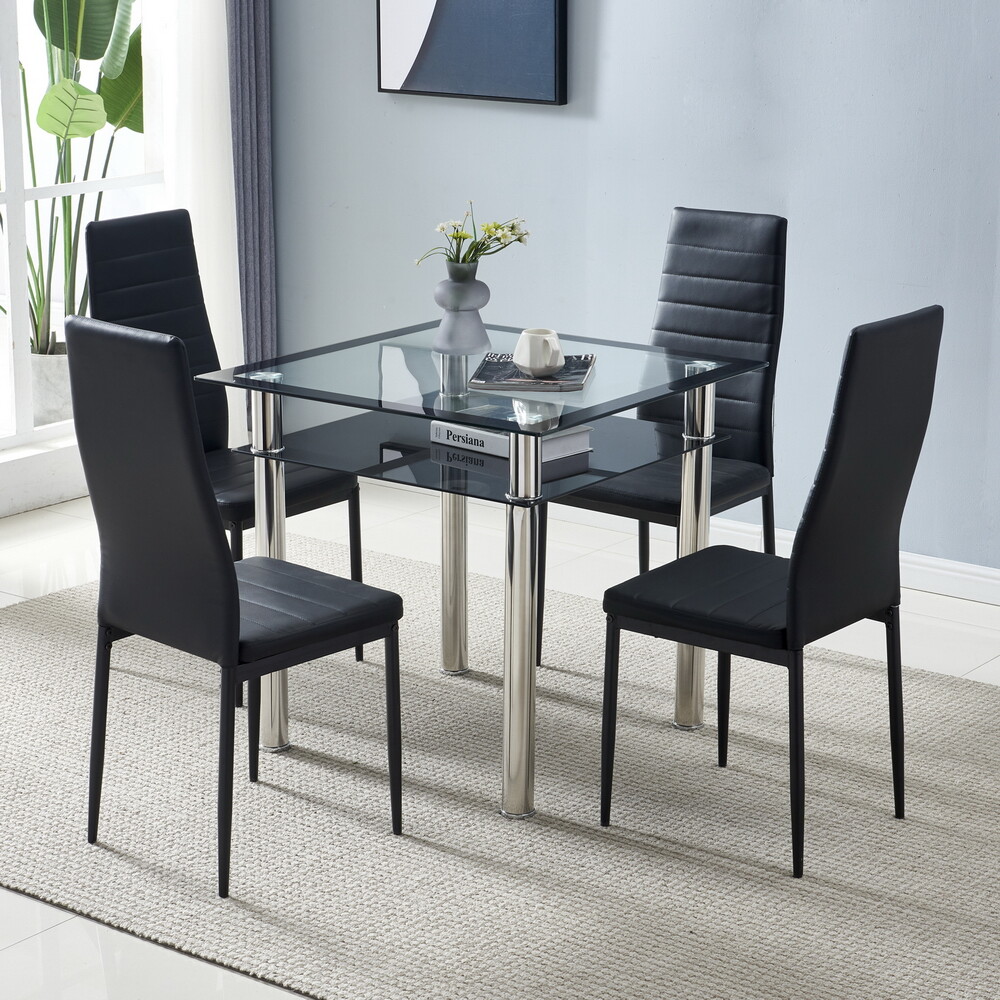 4pcs Dining Chairs - PU Leather, Black High Back, Cross-Stitch & Round Tube Legs