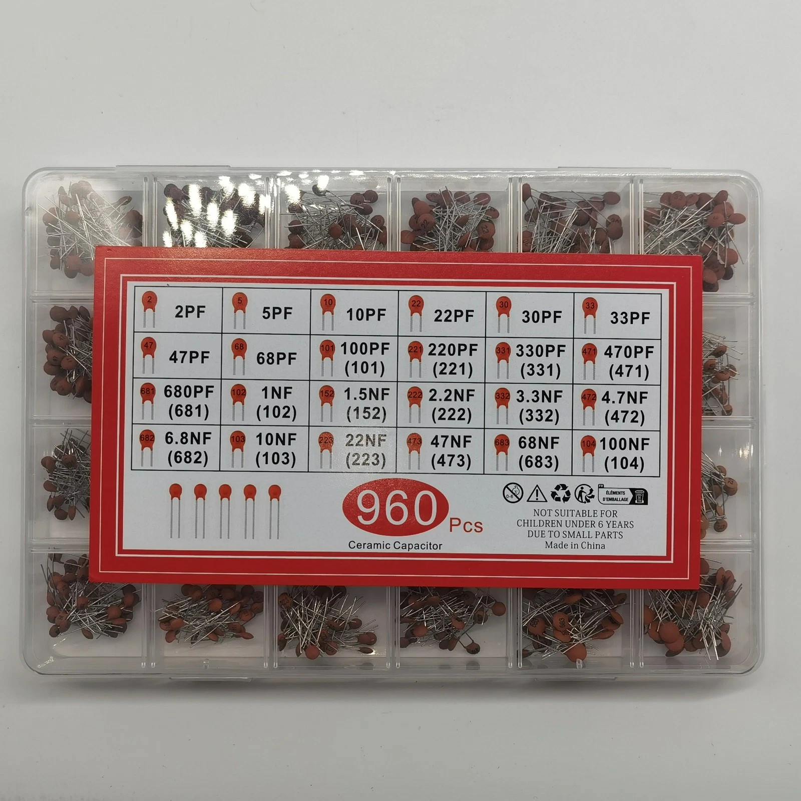 960 PCS 24 Value Ceramic Capacitor 2PF-100NF Assortment Kit for Electronics