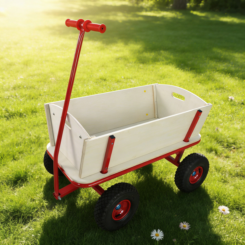 Kids Wooden Toy Wagon Red Outdoor Hauler - 260 lbs Load Capacity