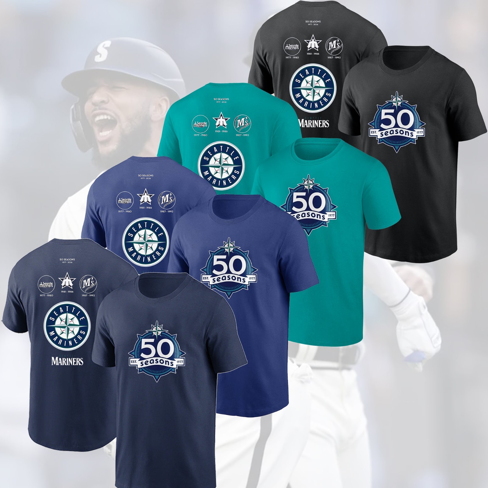 HOT!! Seattle Mariners 50th Anniversary 2 Sides 1977 – 2026 Celebration Fan Look