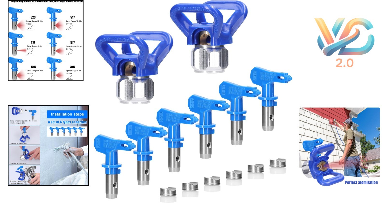 Airless Spray Tips Set 6-Types with Nozzle Seats for Paint Sprayers