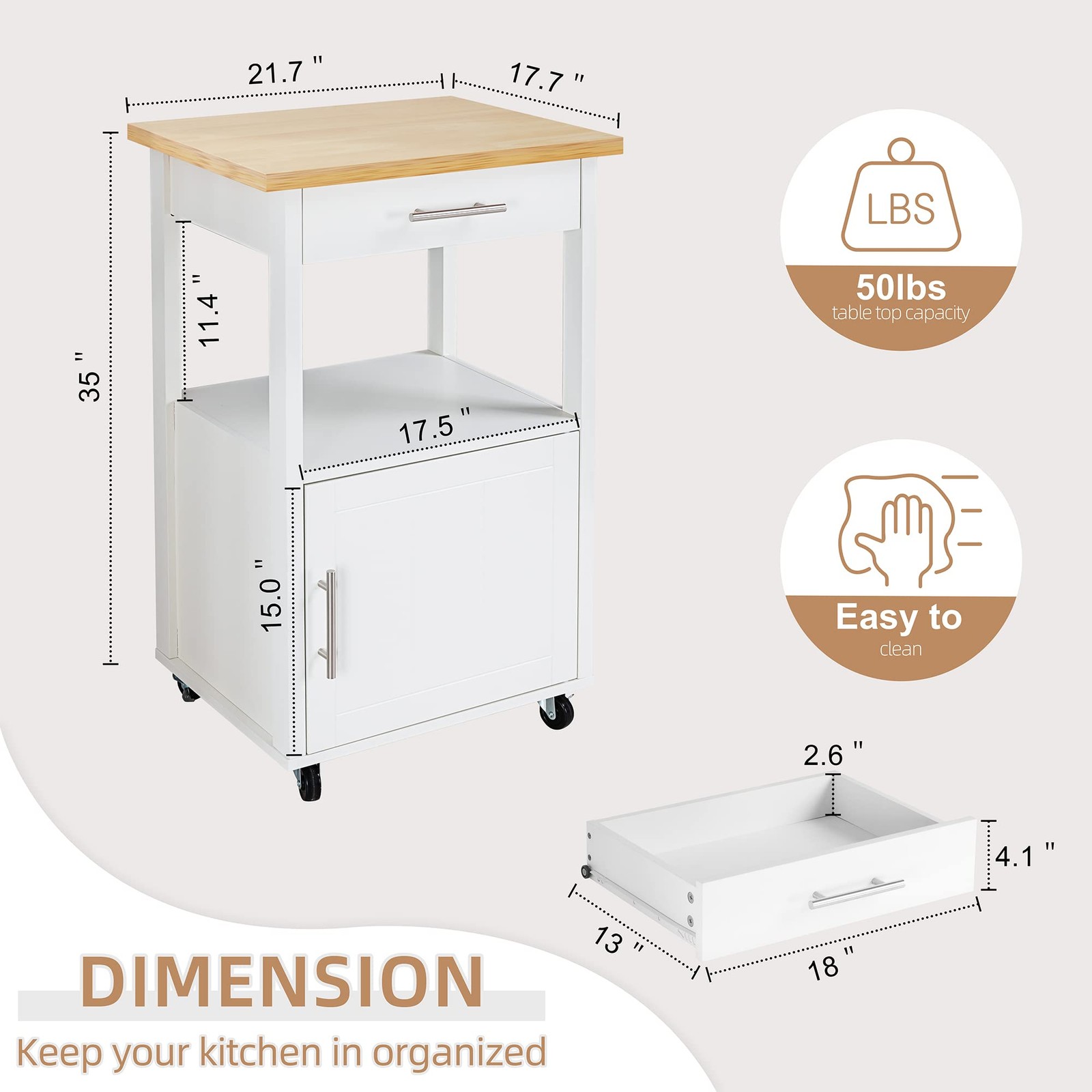 Kitchen Island Cart with Storage,Rolling Side Table on Wheels with Worktop,Si...