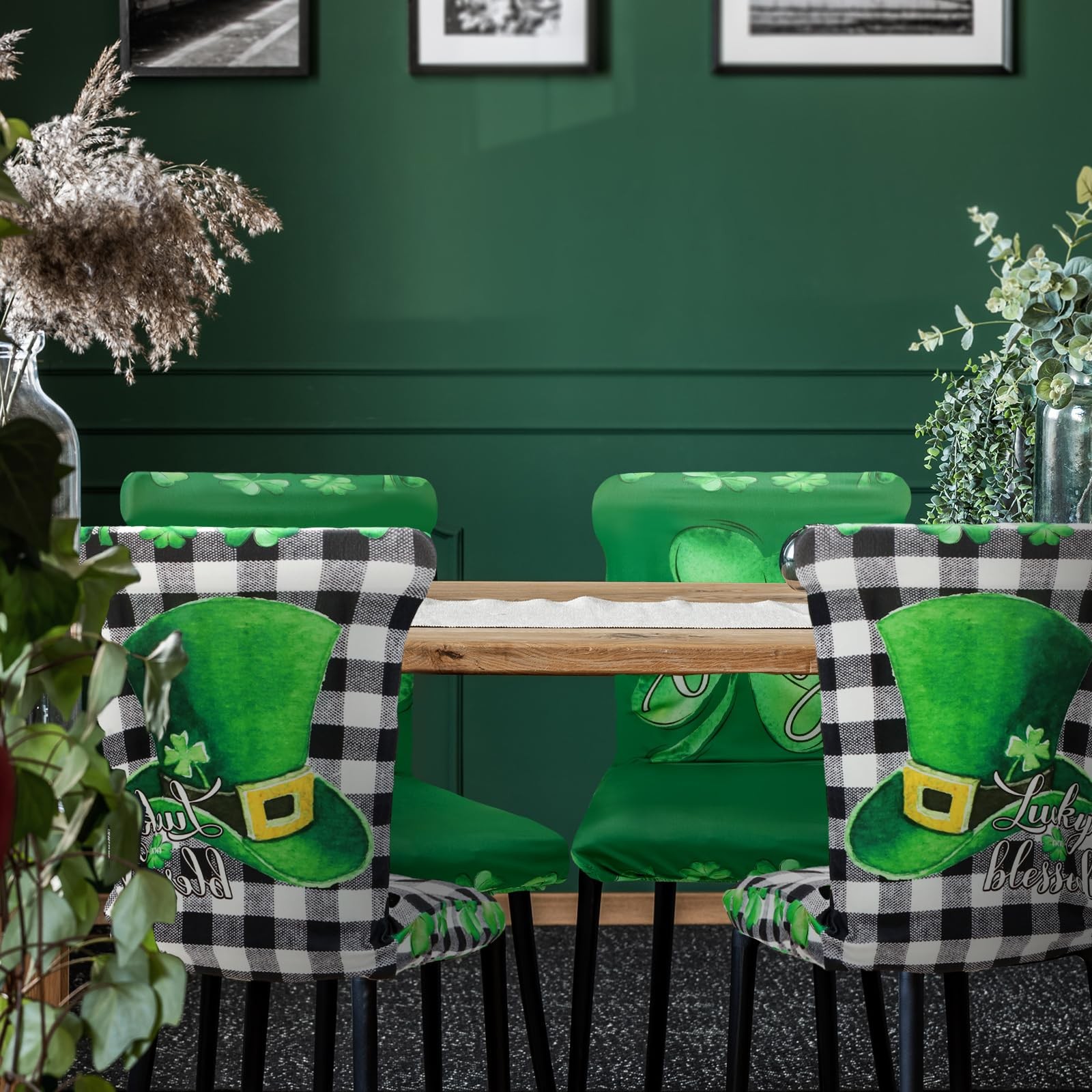 Dining Chair Cover, 6 Pcs St. Patrick's Day, Shamrock Gnome, Plaid, Stretchable,