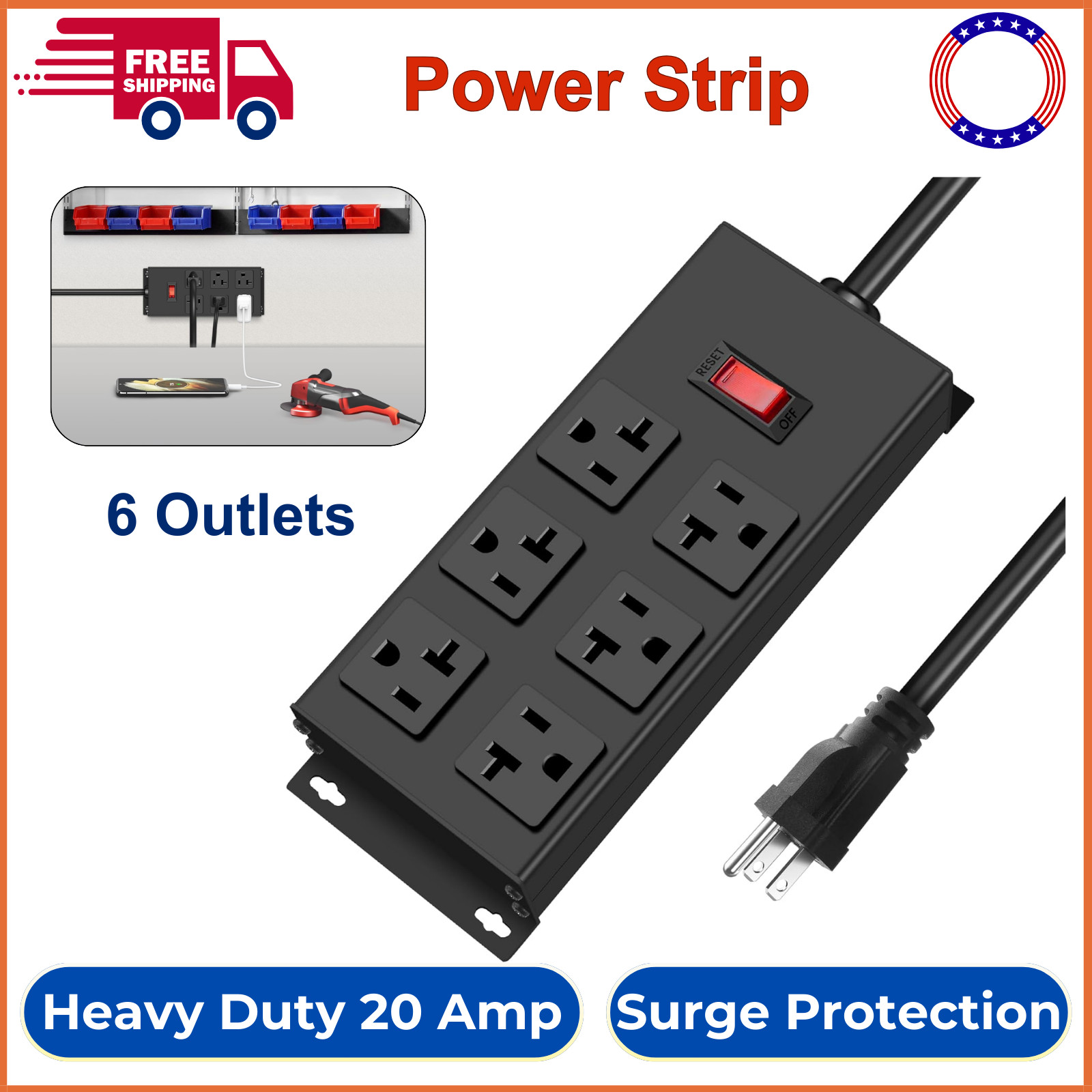 Heavy Duty 20 Amp Power Strip, Garage 6 Outlets Metal 12 Gauge Surge Protector